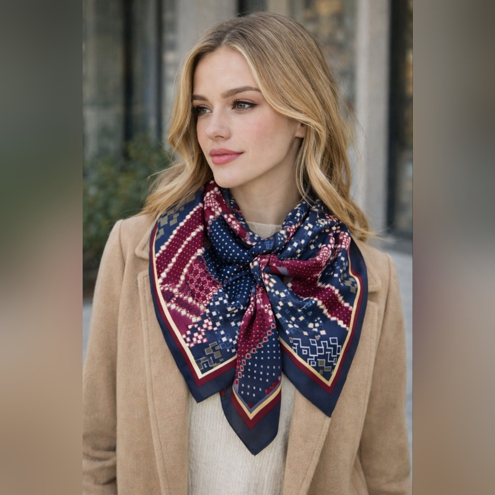 Yamamay Geometric Print Scarf – Navy & Burgundy | NWT